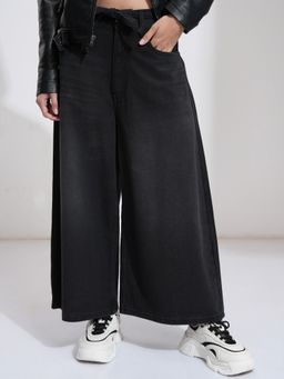 TOKYO TALKIES - Women Black Cotton Solid Wide Jeans