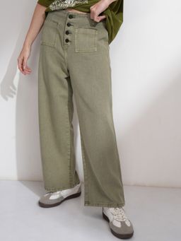 TOKYO TALKIES - Women Olive Cotton Solid Straight Jeans