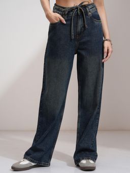 TOKYO TALKIES - Women Blue Cotton Solid Flared Jeans
