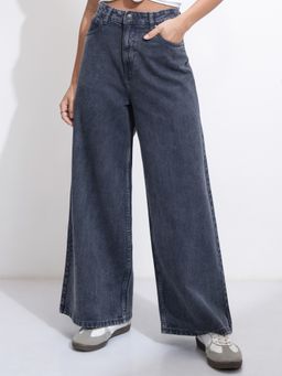 TOKYO TALKIES - Women Navy Blue Cotton Solid Flared Jeans