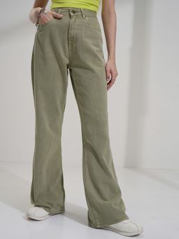 TOKYO TALKIES - Women Green Cotton Solid Bootcut Jeans
