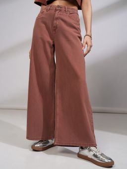 TOKYO TALKIES - Women Brown Cotton Solid Flared Jeans