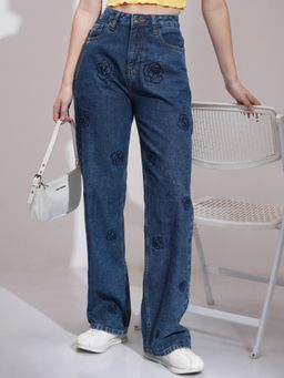 TOKYO TALKIES - Women Blue Cotton Embroidered Bootcut Jeans