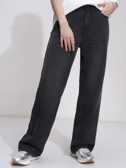 TOKYO TALKIES - Women Black Cotton Solid Straight Jeans