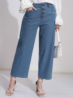 TOKYO TALKIES - Women Blue Cotton Solid Flared Jeans
