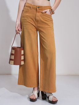 TOKYO TALKIES - Women Brown Cotton Solid Flared Jeans