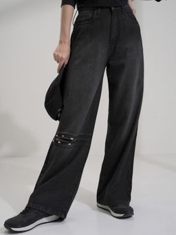 TOKYO TALKIES - Women Black Cotton Embellished Flared Jeans