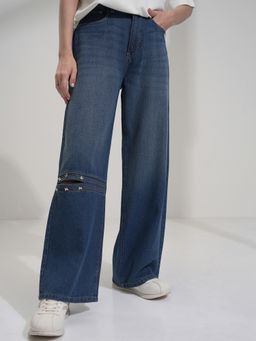 TOKYO TALKIES - Women Blue Cotton Embellished Flared Jeans