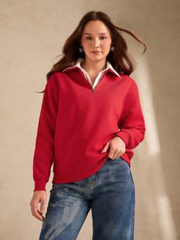 Outzidr - Solid Oversized Zipper Red Sweatshirt