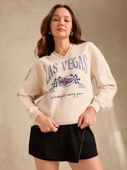 Outzidr - Varsity V Neck Graphic Cream Sweatshirt