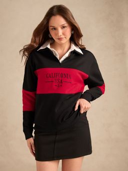 Outzidr - Varsity Collar Neck Graphic Black Sweatshirt