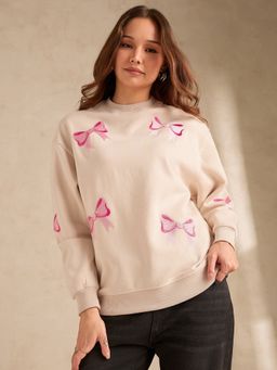 Outzidr - Bow Printed Cream Sweatshirt
