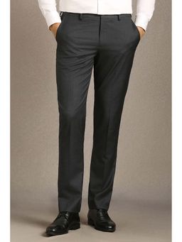 Louis Philippe - Men Charcoal Textured Flat Front Formal Trousers