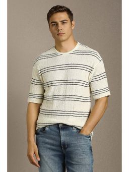 Louis Philippe - Men Beige Stripe Crew Neck T-Shirt