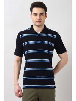 Peter England - Men Black Stripe Polo Neck T-Shirt