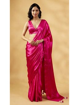 HANDME - Pink Gulabi Satin Glow Saree with Handcrafted Tassels with Unstitched Blouse