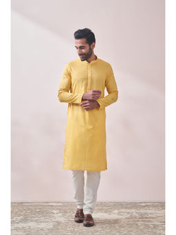 Manyavar - Yellow Cotton Solid Kurta Pencil Pyjama Set (Set of 2)