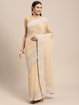 Vastranand - Cream Heavy Border Saree with Unstitched Blouse