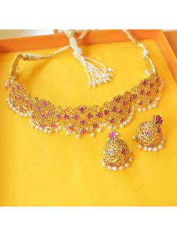 ZARIIN - Lotus Story Choker Necklace And Jhumkas Set