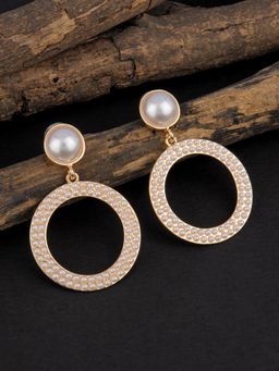 E2O - Contemporary Gold Plated Drop Earring Embellished with White Beads