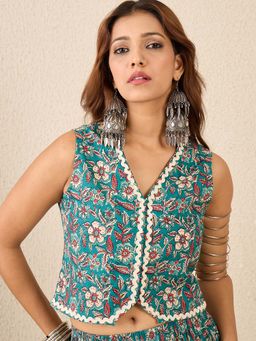 WineRed - Teal Sleeveless Floral V-Neck Top