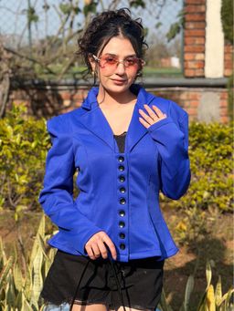 Tandul - Blue Full Sleeves Solid/Plain Notched Lapel Blazer