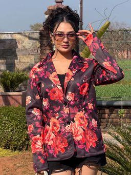 Tandul - Black Full Sleeves Floral Notched Lapel Blazer