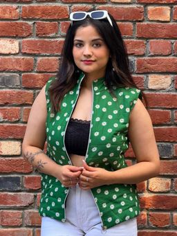 Tandul - Green Sleeveless Printed High Neck Jacket