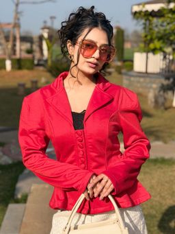 Tandul - Red Full Sleeves Solid/Plain Notched Lapel Blazer