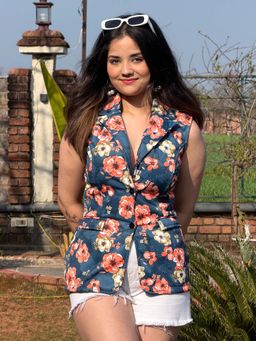Tandul - Blue Sleeveless Printed Notched Lapel Jacket