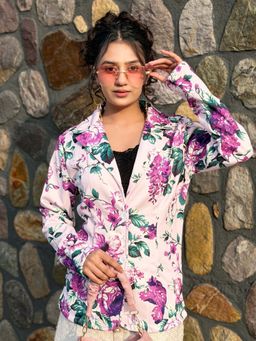 Tandul - Pink Full Sleeves Floral Notched Lapel Blazer
