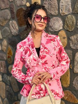 Tandul - Pink Full Sleeves Floral Notched Lapel Blazer