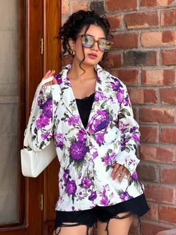 Tandul - White Full Sleeves Floral Notched Lapel Blazer