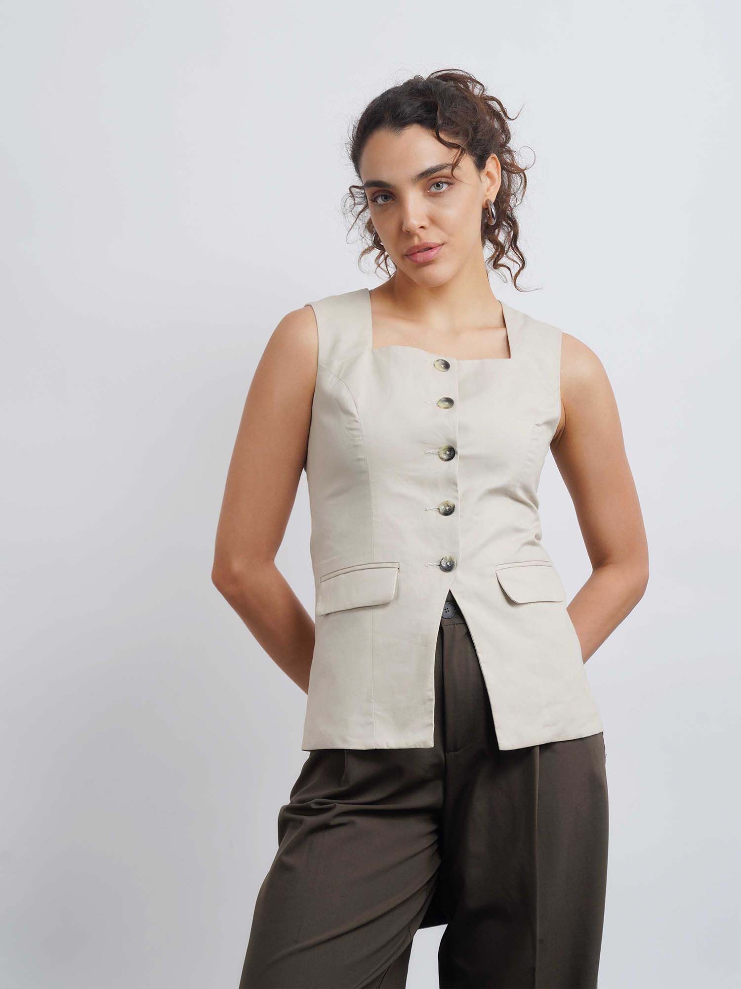Beige Sleeveless Solid/Plain Square Neck Waist Coat-picture-16