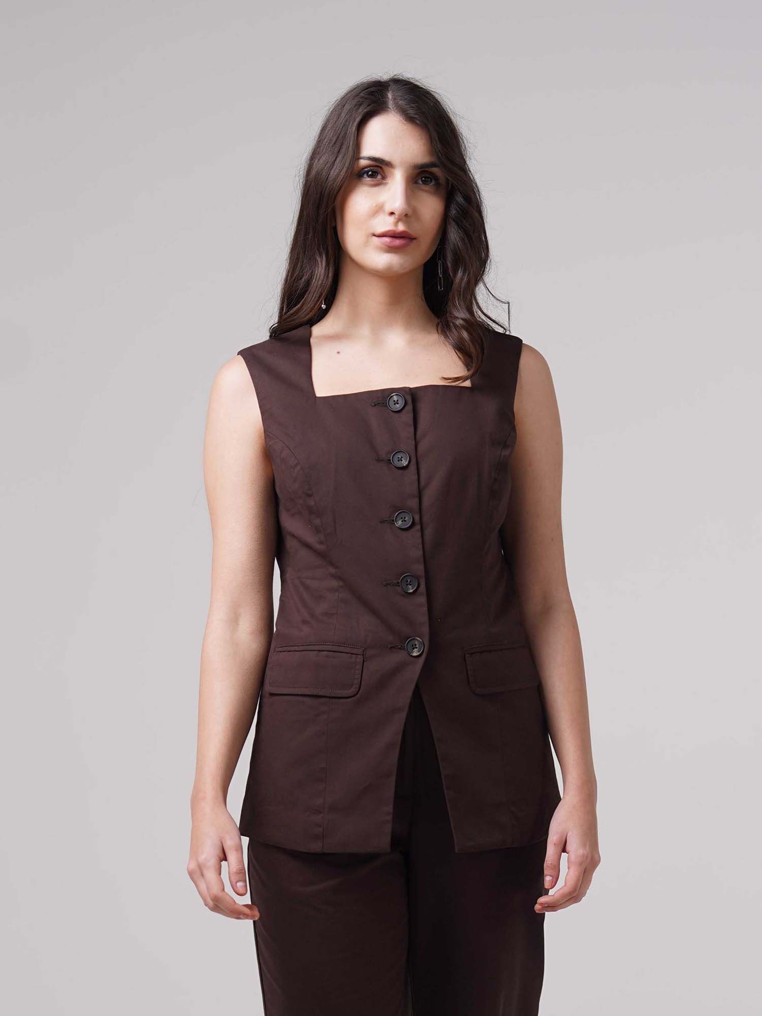 Brown Sleeveless Solid/Plain Square Neck Waist Coat-picture-11