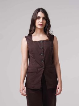Cove and Lane - Brown Sleeveless Solid/Plain Square Neck Waist Coat