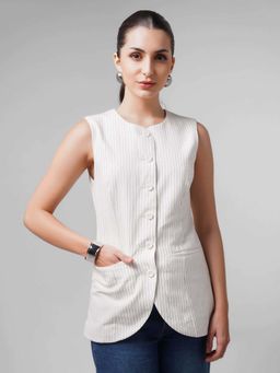 Cove and Lane - Cream Sleeveless Stripes Round Neck Waist Coat