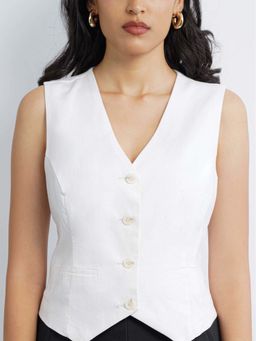 Cove and Lane - White Sleeveless Solid/Plain V-Neck Waist Coat