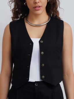 Cove and Lane - Black Sleeveless Solid/Plain V-Neck Waist Coat