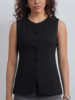 Cove and Lane - Black Sleeveless Solid/Plain Round Neck Waist Coat