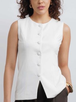 Cove and Lane - White Sleeveless Solid/Plain Round Neck Waist Coat