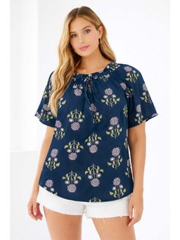 NOBARR - Blue Half Sleeves Printed Round Neck Top