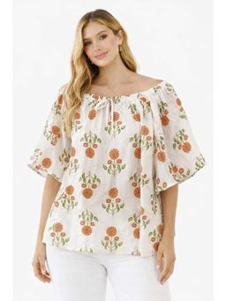 NOBARR - Cream Half Sleeves Printed Boat Neck Top