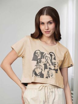 PRONK - Beige Half Sleeves Graphic Round Neck Crop Top