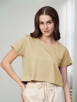 PRONK - Beige Half Sleeves Solid/Plain Round Neck Crop Top