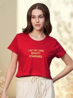 PRONK - Red Half Sleeves Typography Round Neck Crop Top