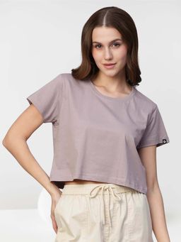 PRONK - Lavender Half Sleeves Solid/Plain Round Neck Crop Top