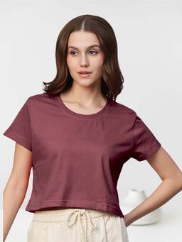 PRONK - Mauve Half Sleeves Solid/Plain Round Neck Crop Top