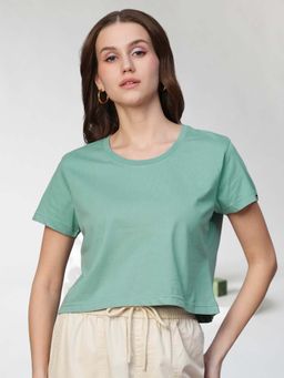 PRONK - Green Half Sleeves Solid/Plain Round Neck Crop Top