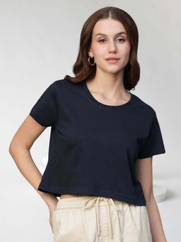 PRONK - Navy Blue Half Sleeves Solid/Plain Round Neck Crop Top